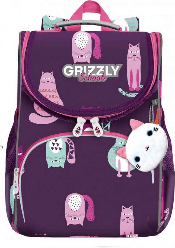 Рюкзак школьный с мешком GRIZZLY RAm-284-8 котики фиолетовые