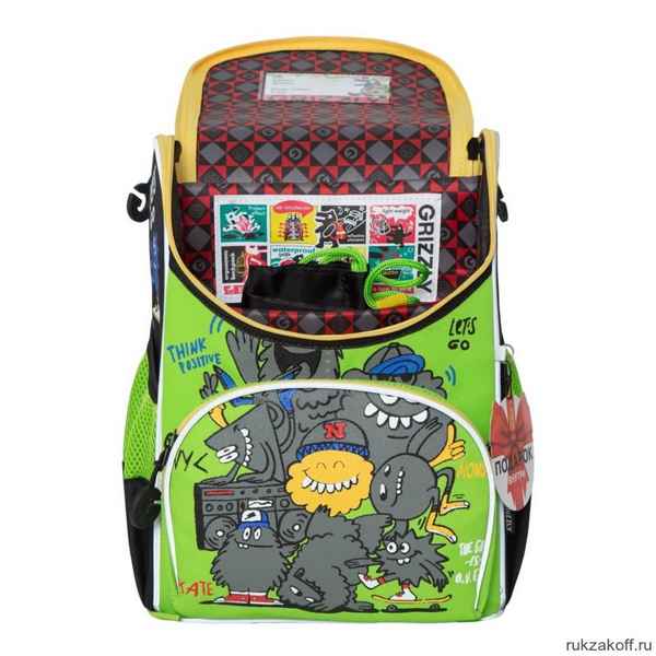 Рюкзак школьный с мешком Grizzly RA-972-5 Чёрный/Салатовый